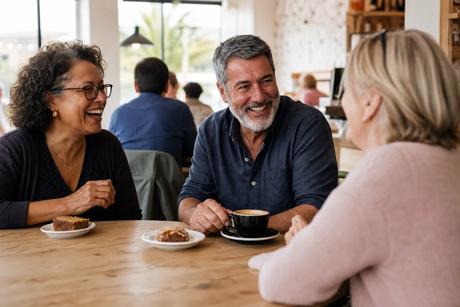 Mature couple talking over coffee in Leeds city centre