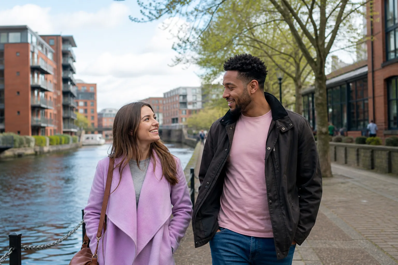 Two people chatting over coffee in Leeds city centre