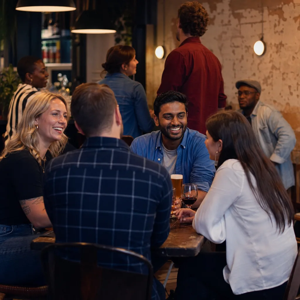 Friends arriving at a Leeds city-centre bar for a social evening