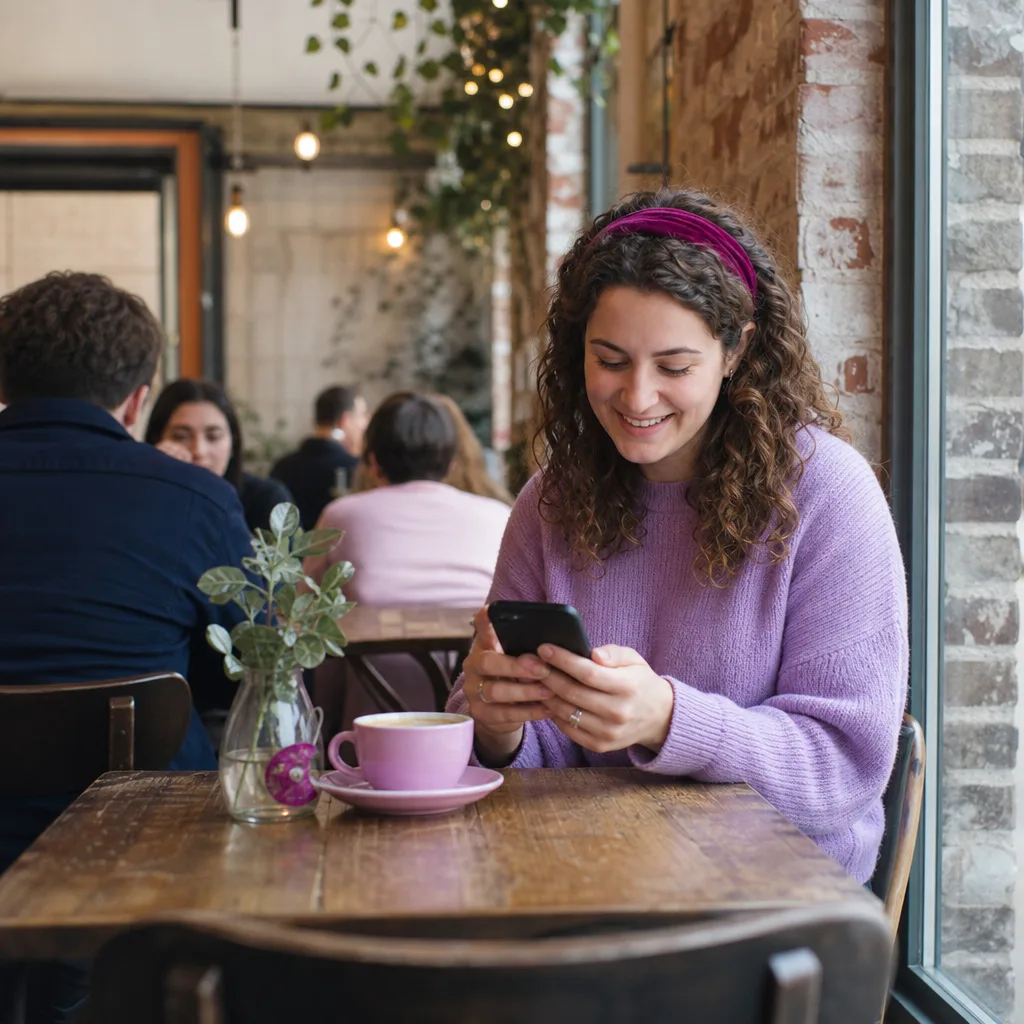 A person drafting a short dating bio in a Leeds café
