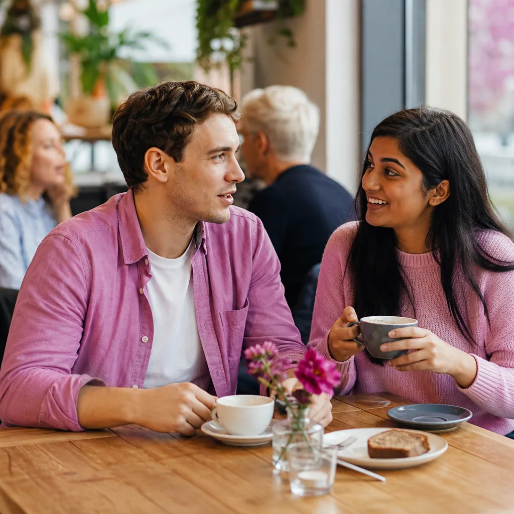 A woman checking a dating profile on her phone in a Leeds café