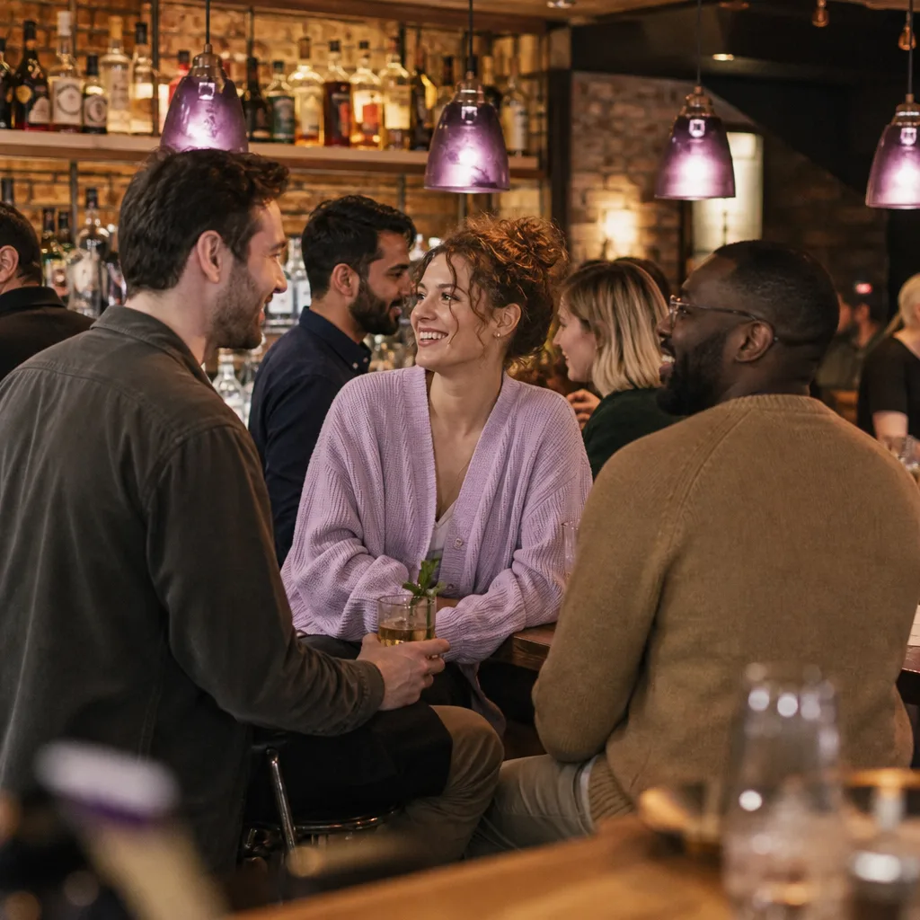 Two people having a relaxed conversation at a hosted social event