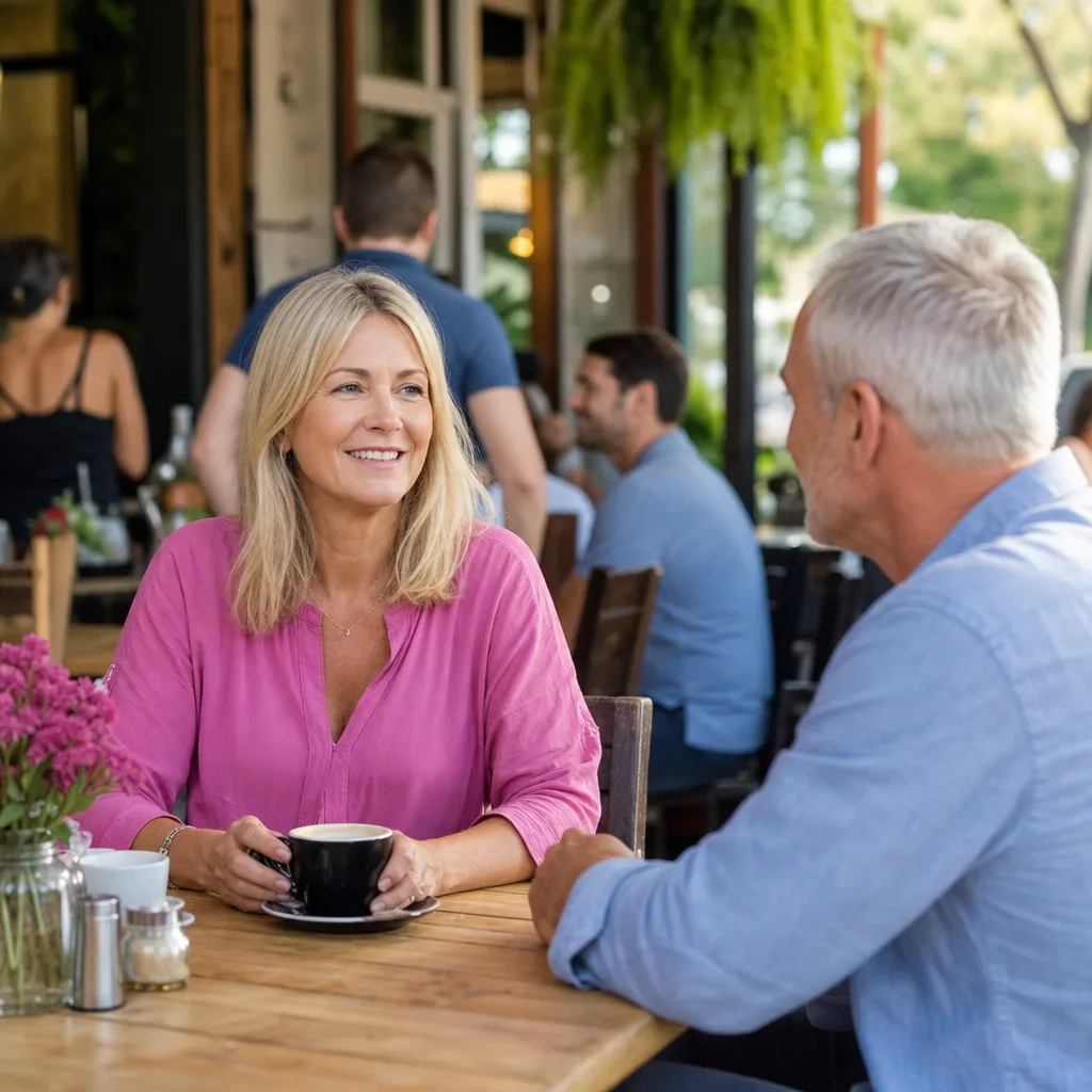 Mature Leeds singles chatting at a café table