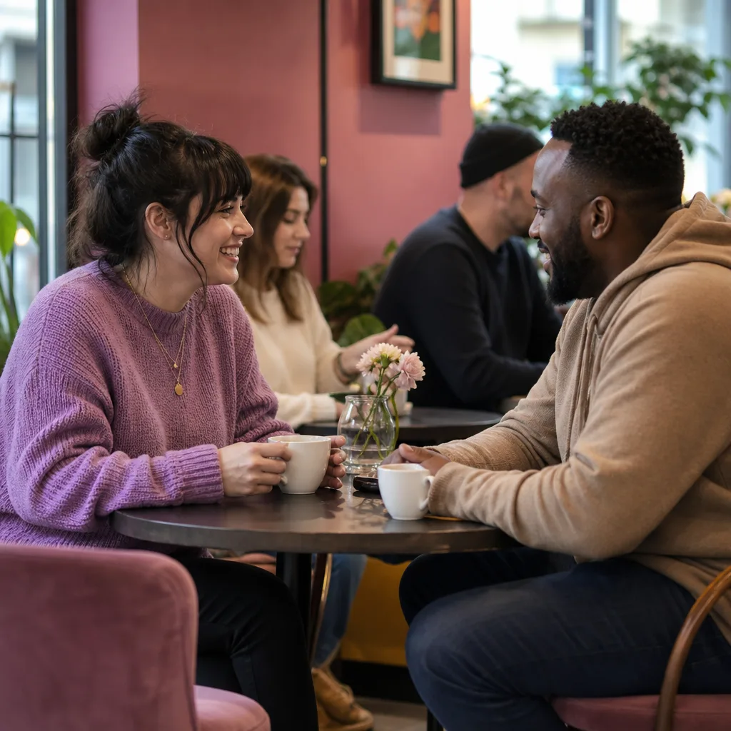 A couple meeting at a busy cafe near Leeds station