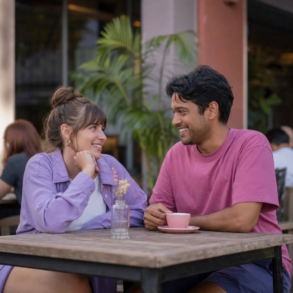 Two adults having a first-date conversation in a busy Leeds café