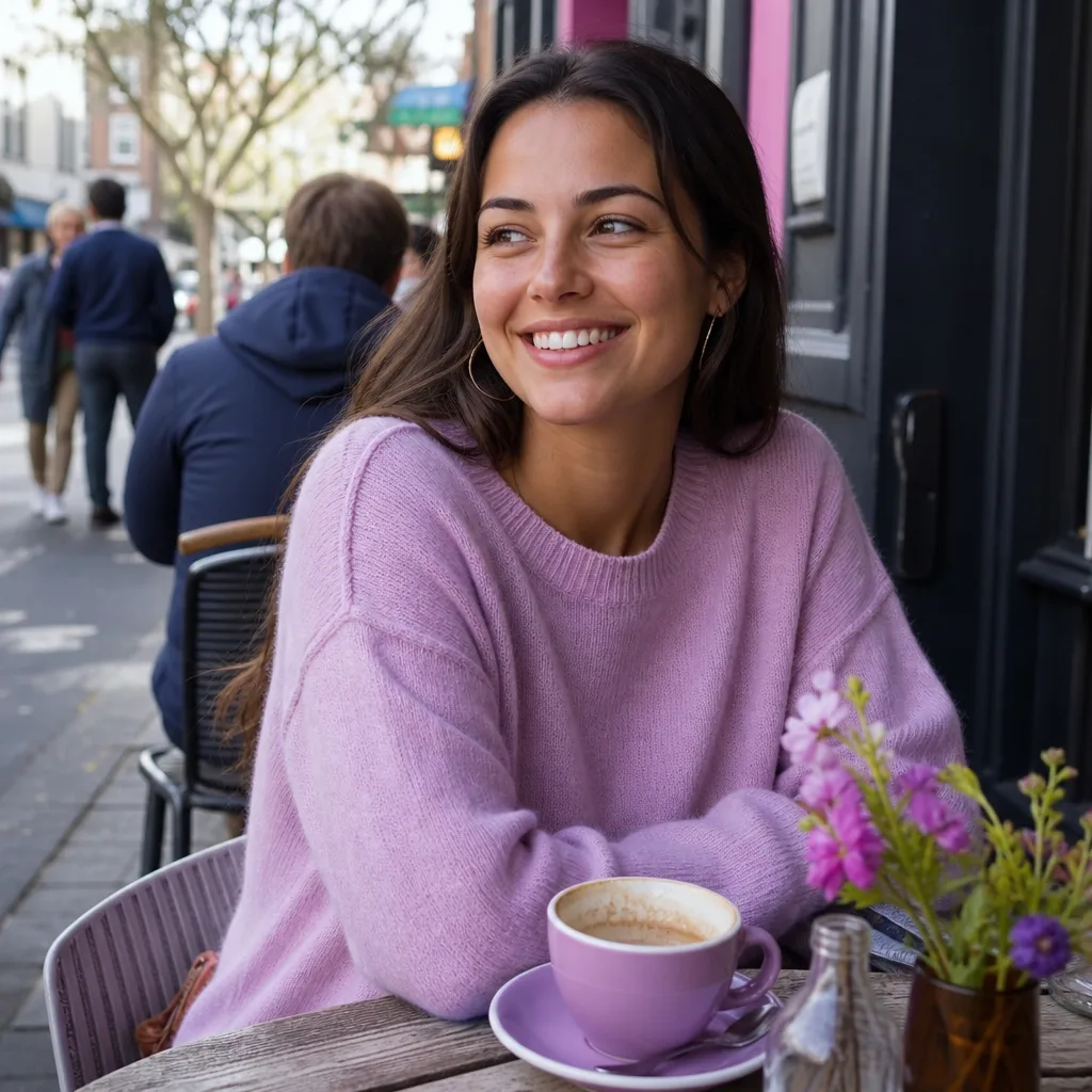 Woman using a local dating site on her phone in a busy Leeds café