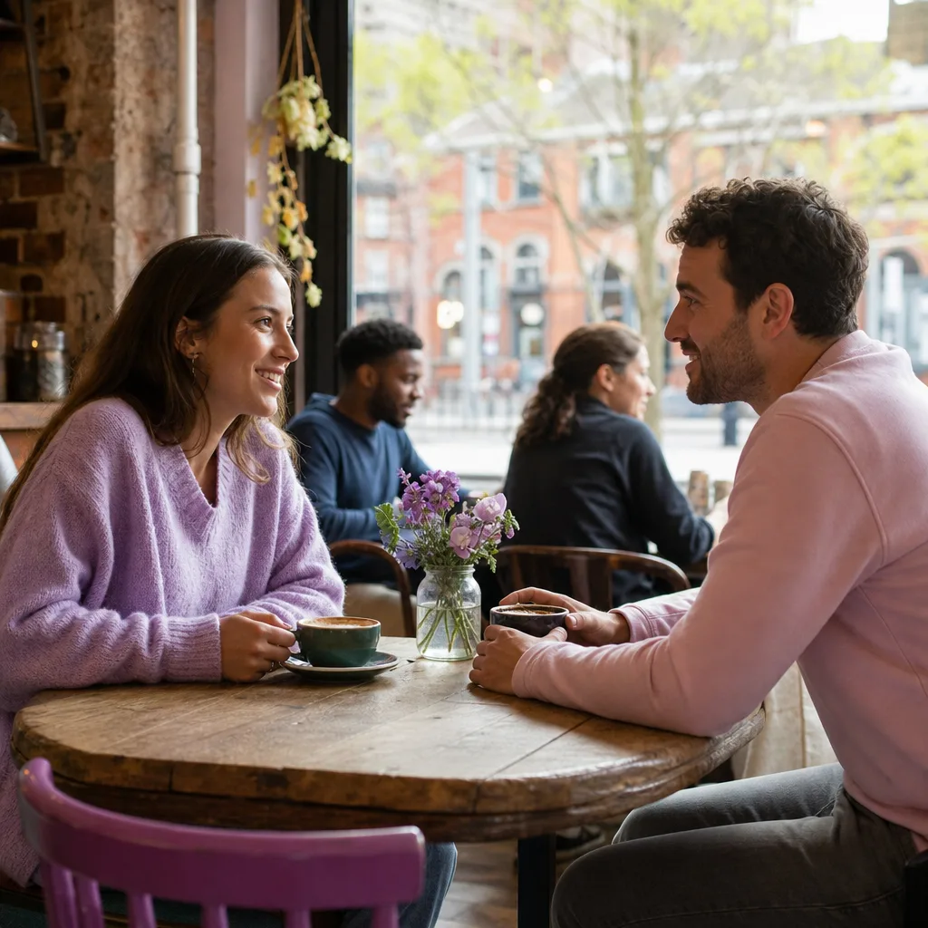 Two adults meeting in a busy public square in central Leeds
